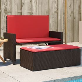 Patio Bench with Cushions and Footstool Brown Poly Rattan