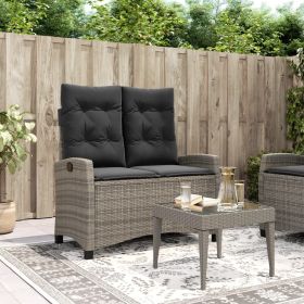 Reclining Patio Bench with Cushions Gray Poly Rattan (Color: Grey)