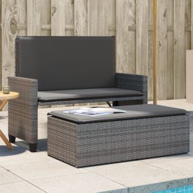 Patio Bench with Cushions and Footstool Gray Poly Rattan (Color: Gray)