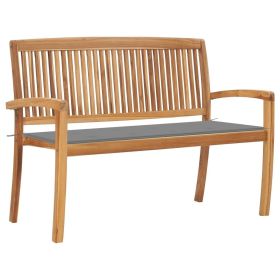 Stacking Patio Bench with Cushion 50.6" Solid Teak Wood (Color: Grey)
