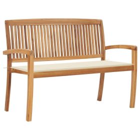 Stacking Patio Bench with Cushion 50.6" Solid Teak Wood (Color: Cream)