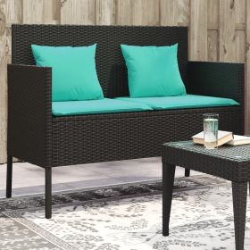 Patio Bench with Cushions Black Poly Rattan (Color: Black)