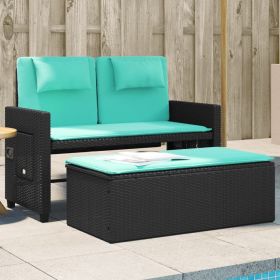 Reclining Patio Bench with Cushions Black Poly Rattan (Color: Black)