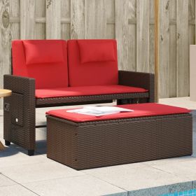 Reclining Patio Bench with Cushions Brown Poly Rattan (Color: Brown)